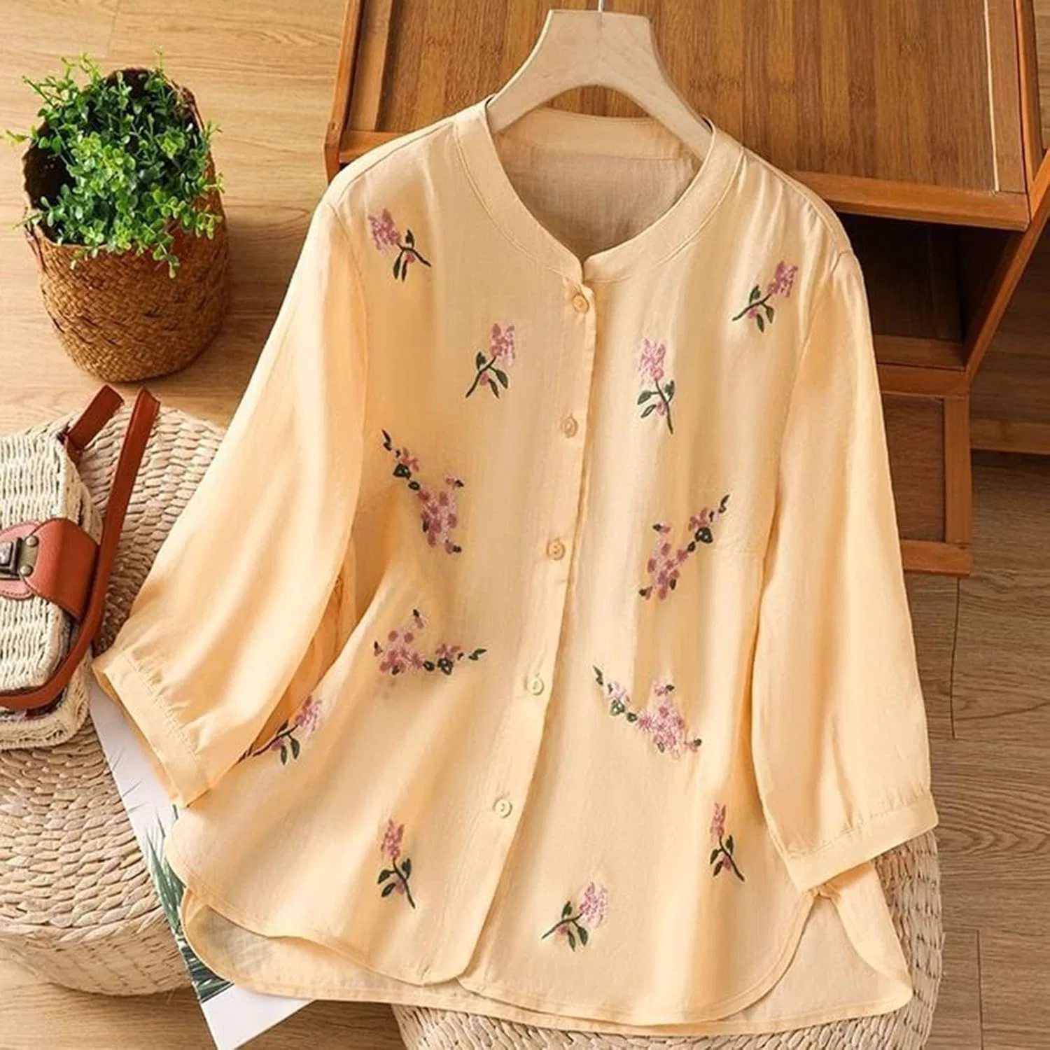 Блузка женская из льна и хлопка, Oversize, желтый — фото 3