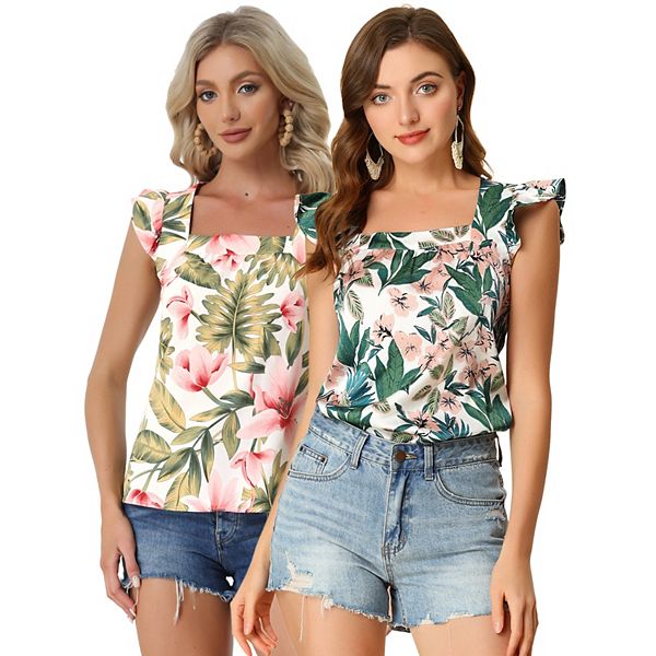 

2 упаковки женского тропического топа с квадратным вырезом и рюшами Inspire Chic, Green White