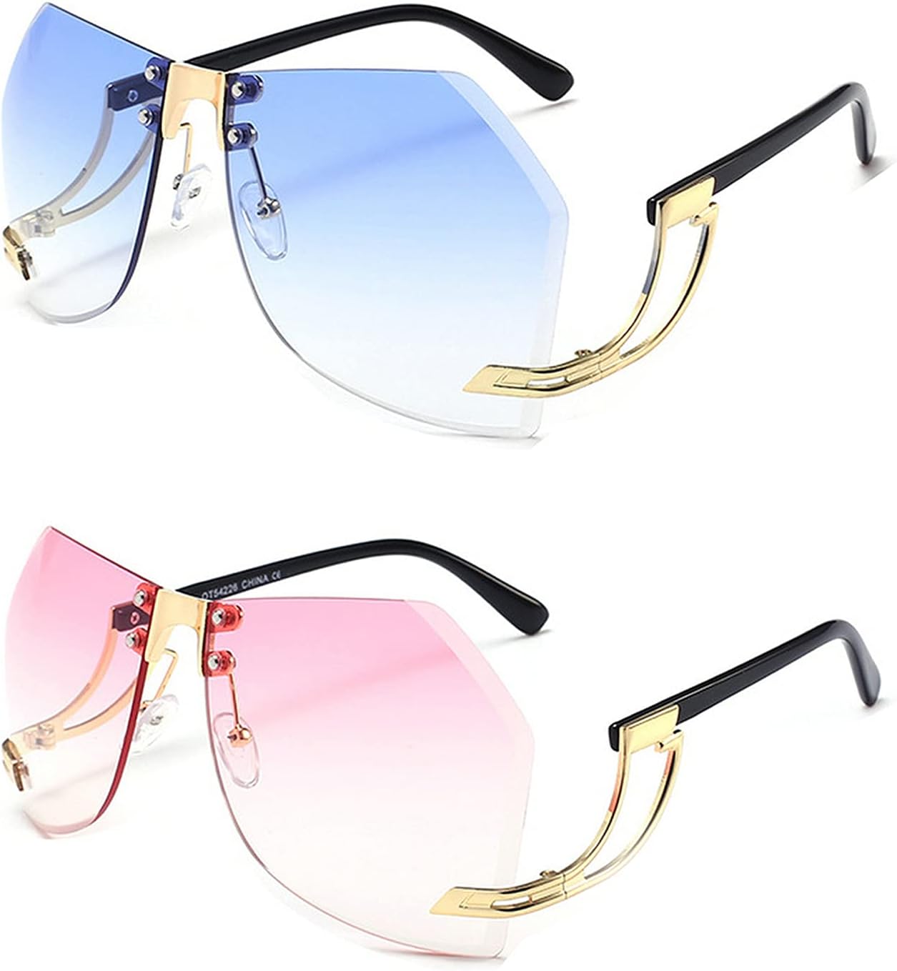 

2 шт. - Солнцезащитные очки без оправы неправильной формы для женщин, металлическая оправа, большие солнцезащитные очки с градиентным переходом цвета, модные женские прозрачные очки COTIA, Blue&pink