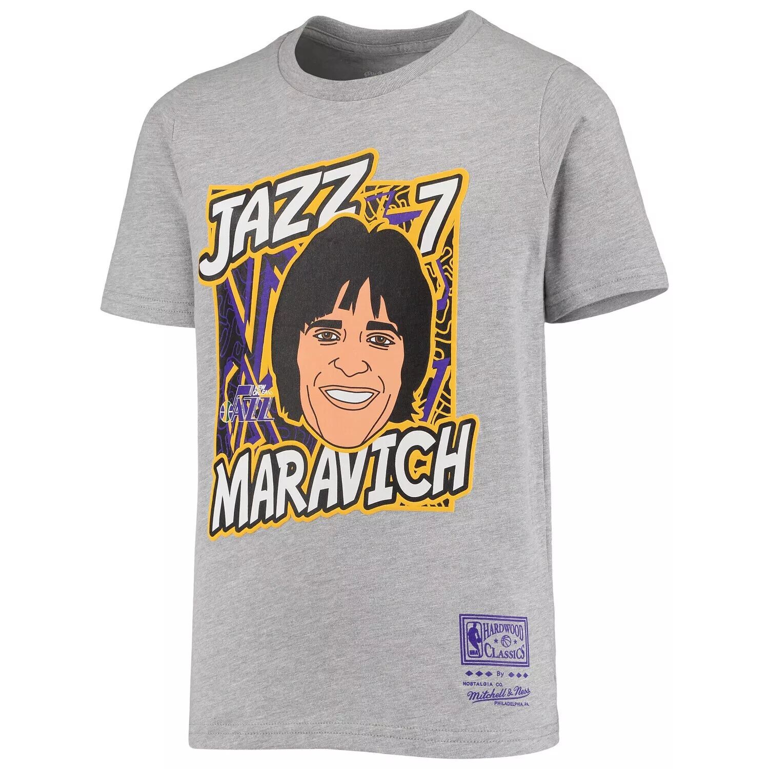 Молодежная футболка Mitchell & Ness Pete Maravich Heathered Grey New Orleans Jazz Hardwood Classics King of the Court Player Футболка Unbranded — фото 2