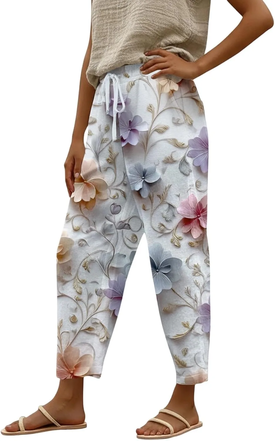 Женские брюки Casual из льна, летние капри на высокой талии, прямые свободные с карманами generic, белый — фото 4
