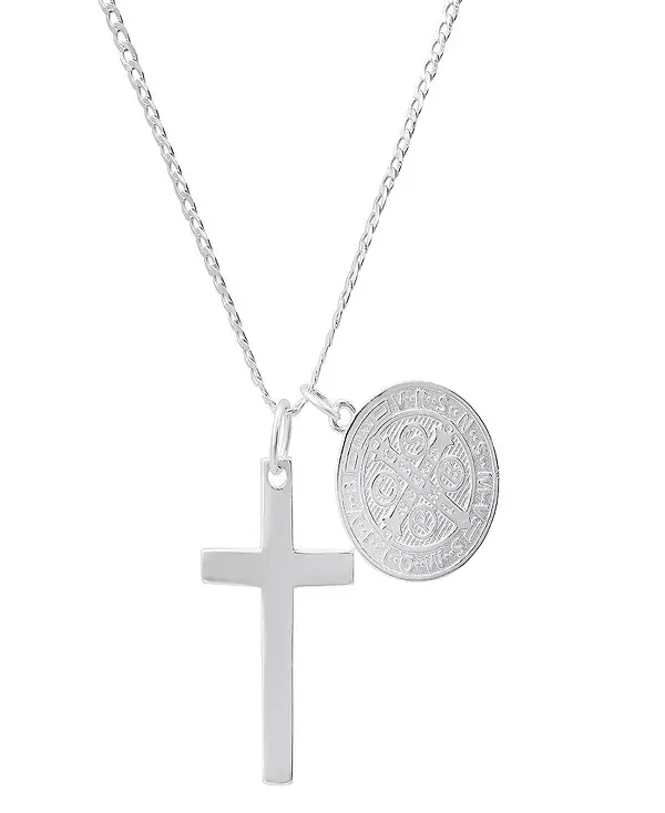 

Ожерелье унисекс из стерлингового серебра с крестом и круглым кулоном Святого Бенедикта Steeltime, silver