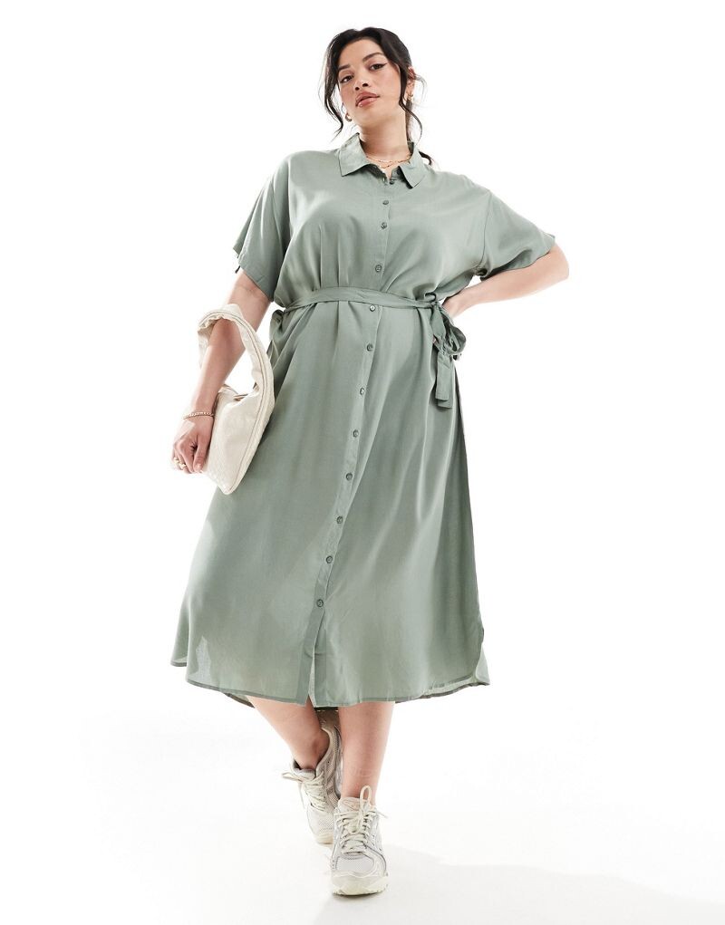 

Vero Moda Curve — зеленое платье-рубашка миди с завязанным поясом
