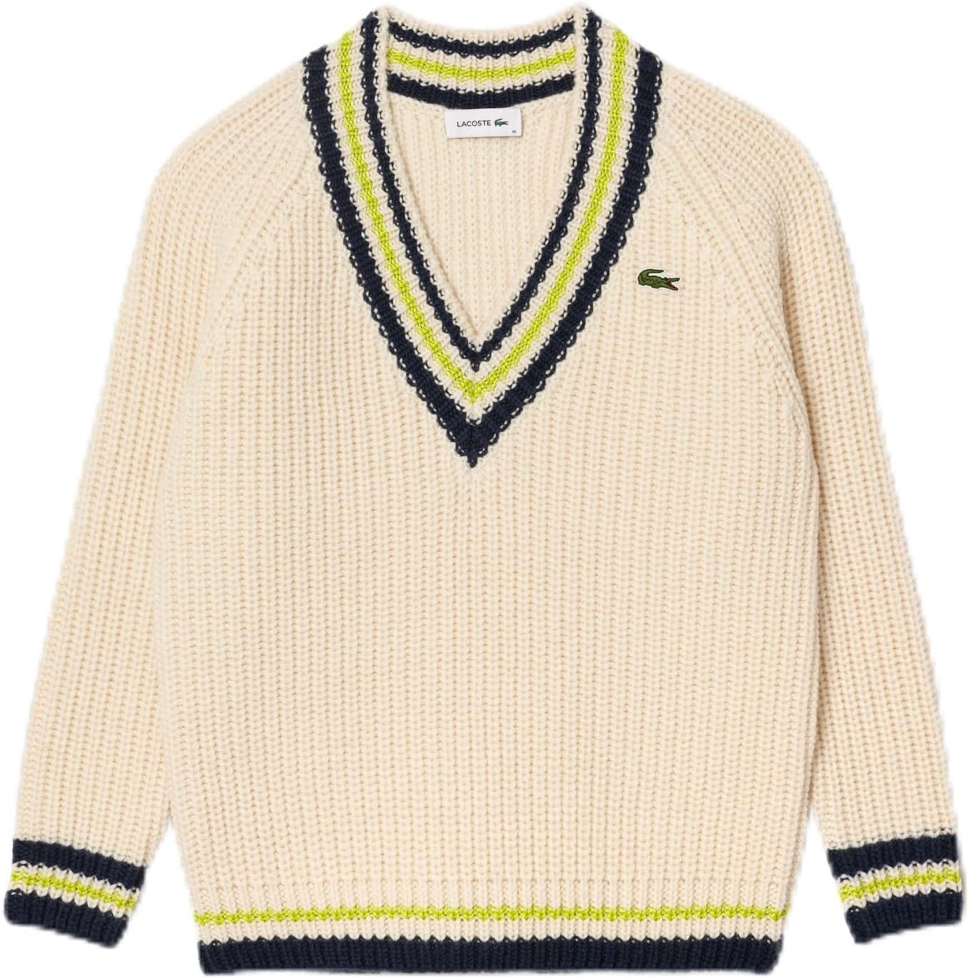 

Lacoste женский свитер с V-образным вырезом, Cream/Lime And Navy Stripe