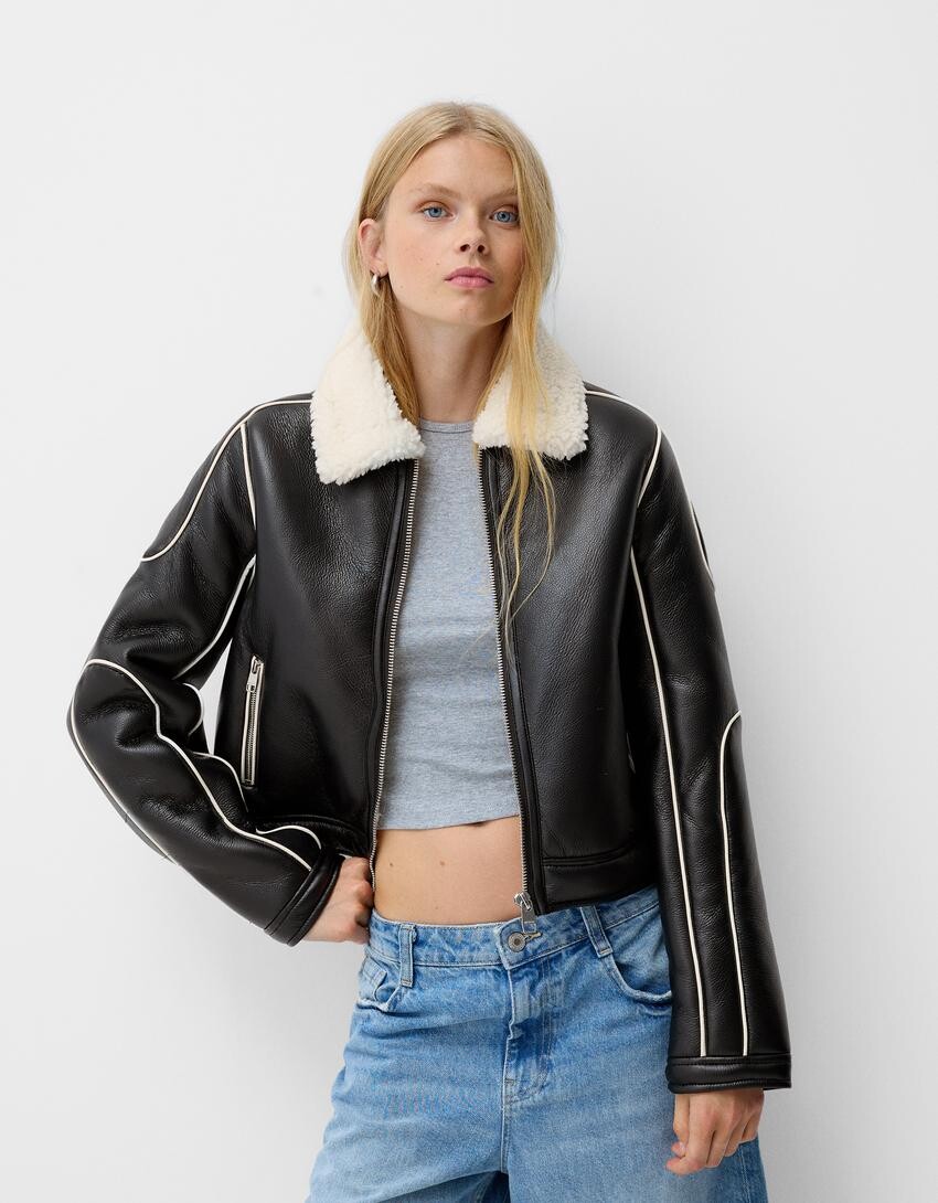 

Двусторонняя куртка из искусственной кожи Bershka, черный