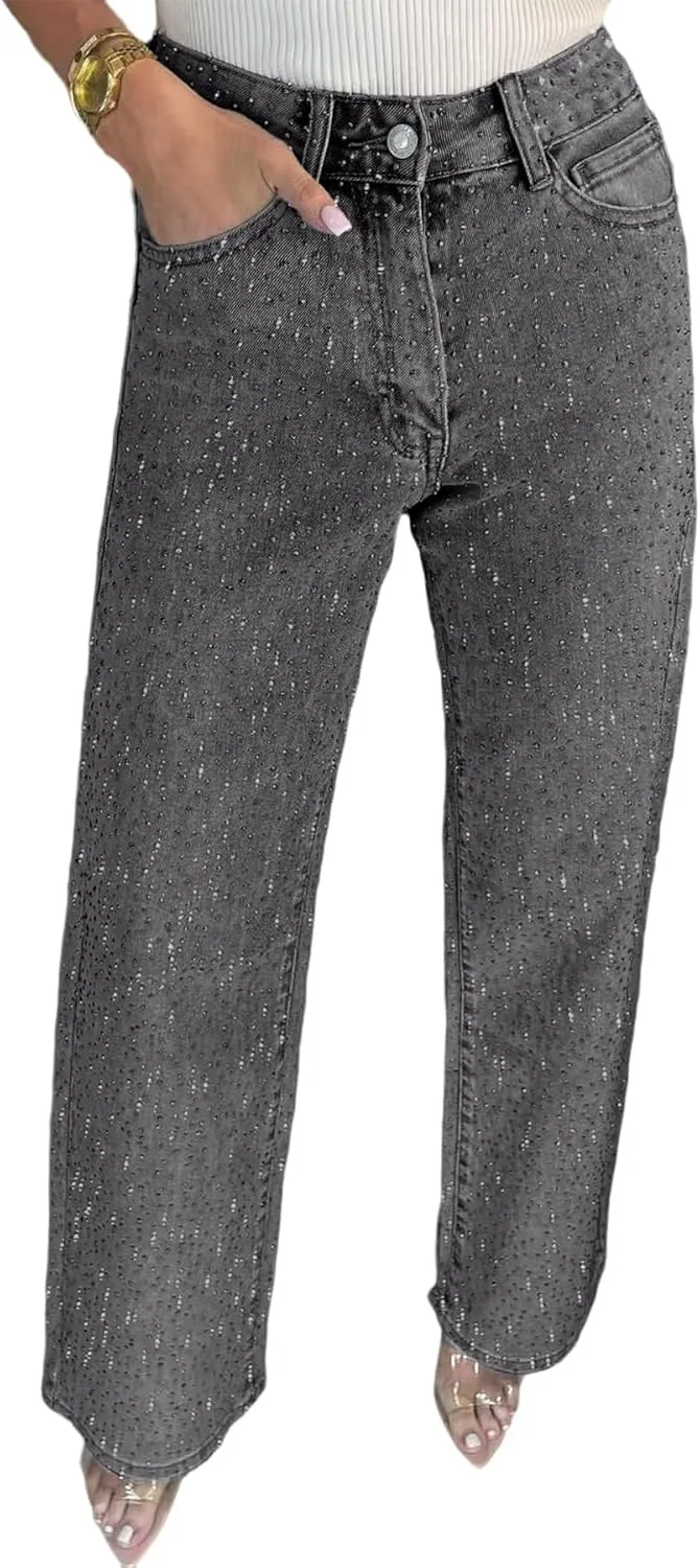 

Женские джинсы Bling Rhinestone Baggy Y2k с высокой талией, прямые широкие, с блестками