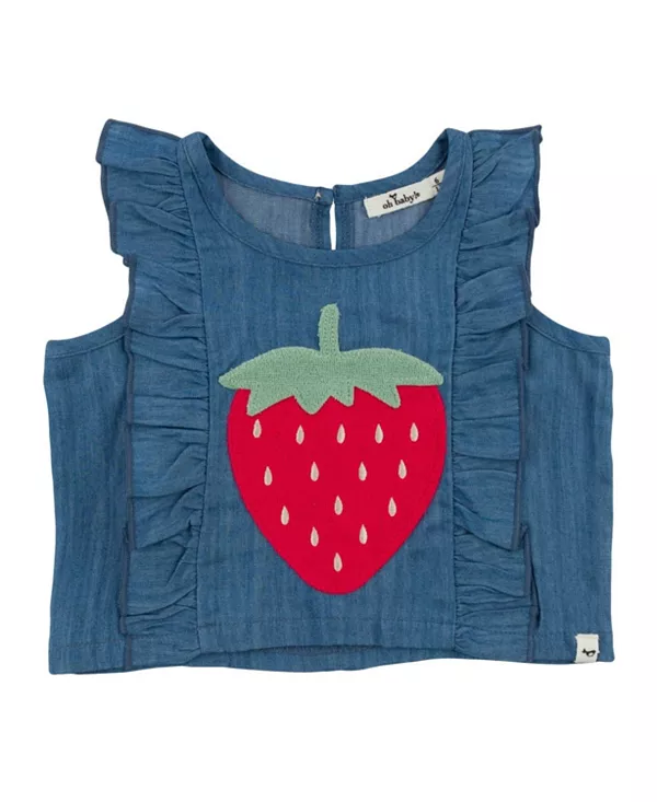 

Детская джинсовая блузка Lola с аппликацией в виде клубники и оборками Millie из лиоцелла. Oh Baby!, синий