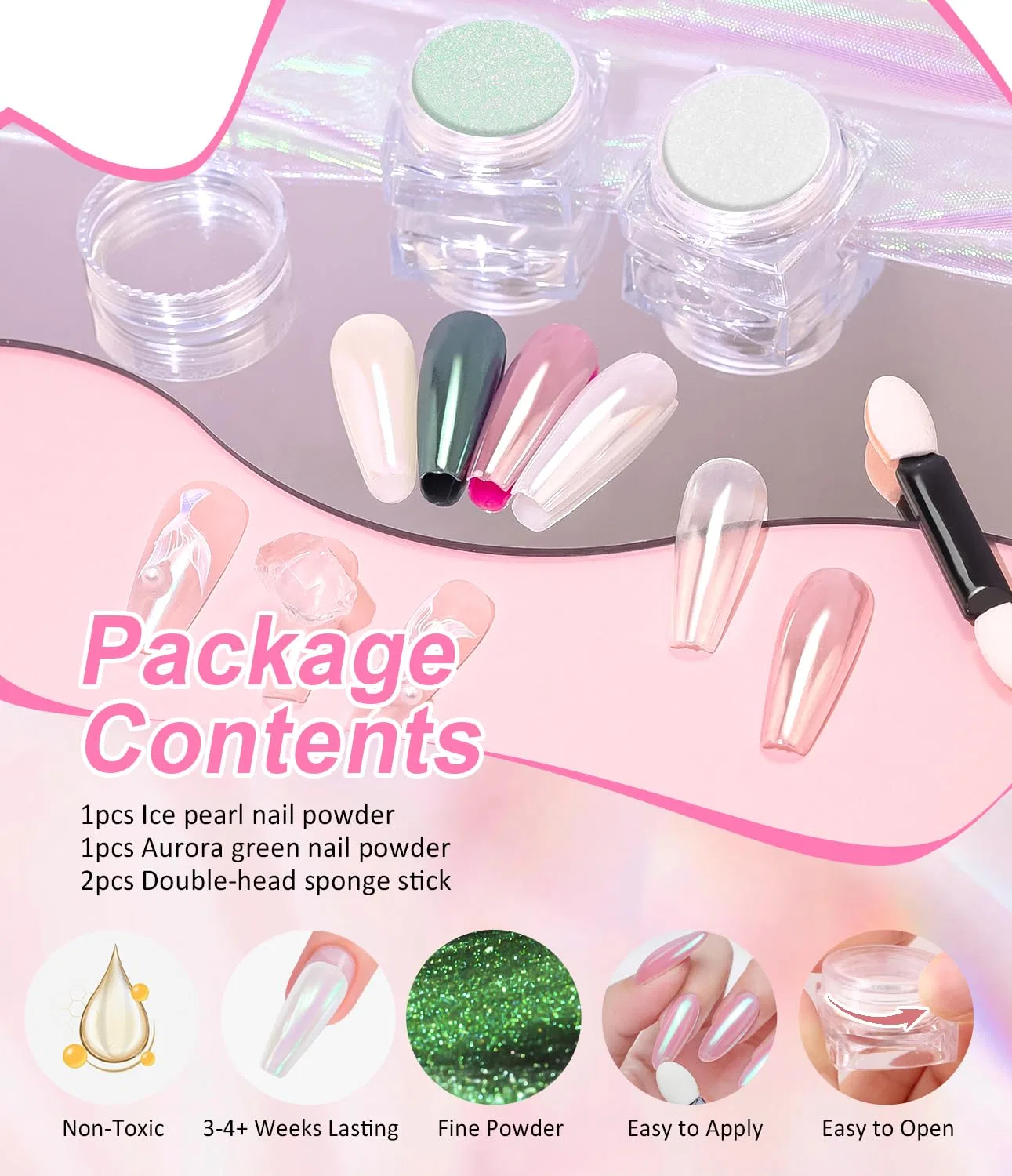 Набор пудры для ногтей «White Pearl Chrome Neon Shimmer Green Aurora Mirror Nail Pigment Powder Glazed Doughnut Holo Glitter Powder» от BISHENGYF Bishengyf, Pearl & Aurora D — фото 2