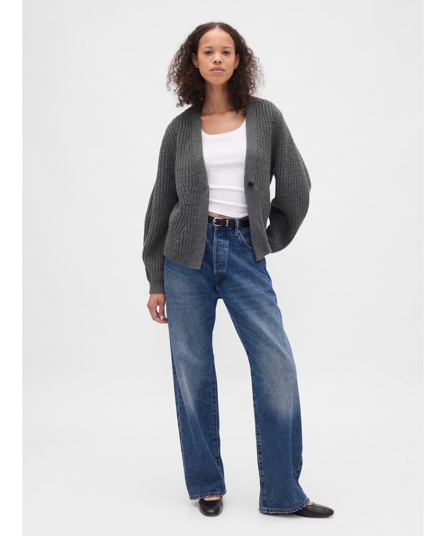 (W) Вязаный кардиган с рукавами-бочками GAP, B50_CHARCOAL_HEATHER