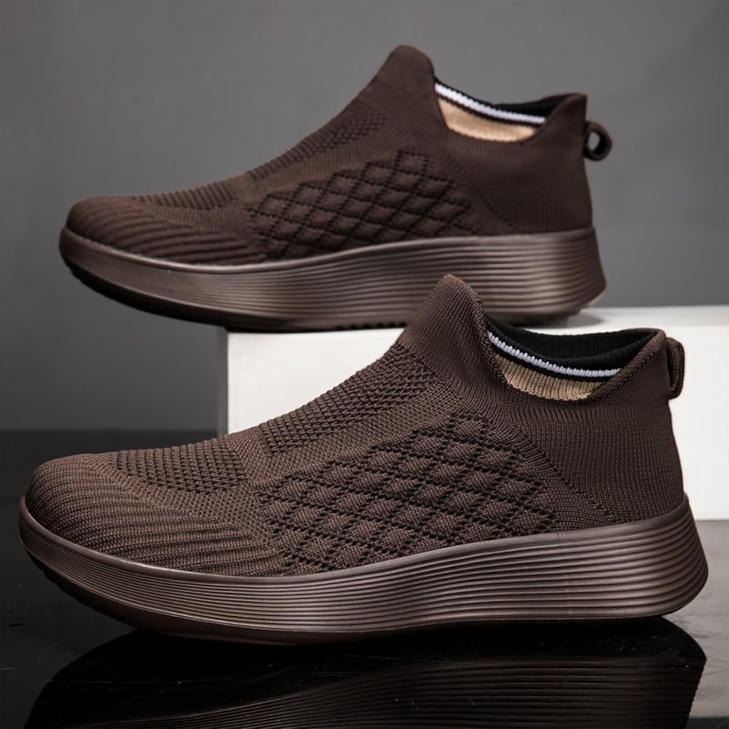 Кроссовки Ozefiad Slip-on для мужчин и женщин, сетчатые кеды без шнурков, повседневная обувь для прогулок, коричневый — фото 4