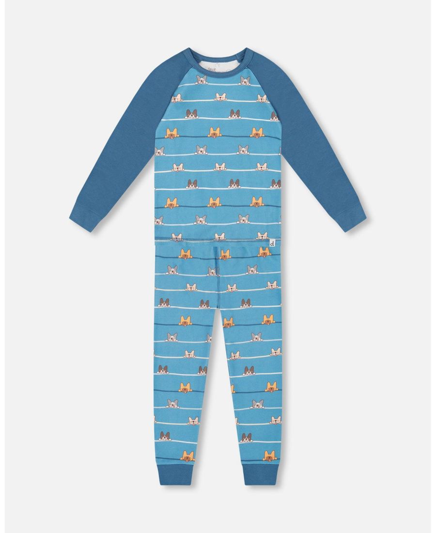 

Комплект из двух частей: хлопковая пижама для мальчиков (для взрослых), синий принт с собаками Deux par Deux, Blue dog print