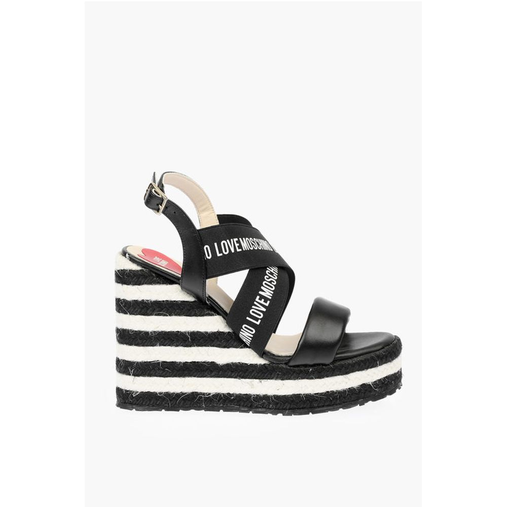 Босоножки на танкетке из кожи LOVE с логотипом 12 см Moschino, Black and White — фото 3