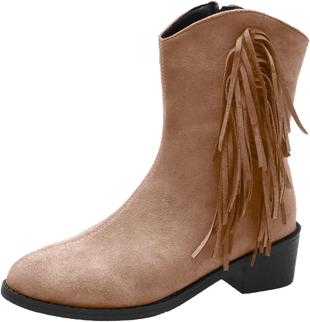 

Женские замшевые ботильоны с бахромой, боковой замок, заостренный носок, плоская подошва, западные ковбойские ботинки с низким массивным каблуком, средняя голень Baxtayel, бежевый