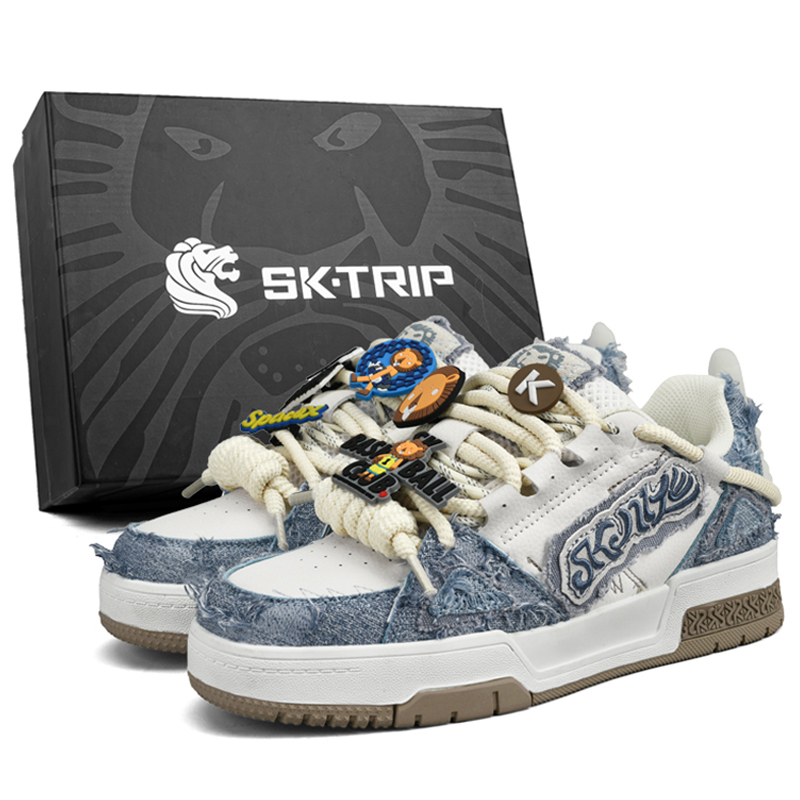 

SK.TRIP Антискользящие износостойкие легкие дышащие низкие скейтбордские кроссовки унисекс в коробке - джинсово-синий (со шнуровкой), цвет Denim Blue (Shoe Buckle Style)