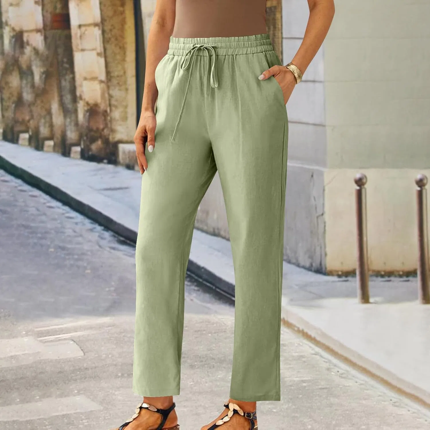 Брюки прямого кроя из льна с эластичным поясом, Cotton Linen, Green — фото 2