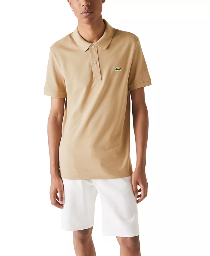 

Мужская приталенная рубашка-поло с коротким рукавом в рубчик Lacoste, коричневый