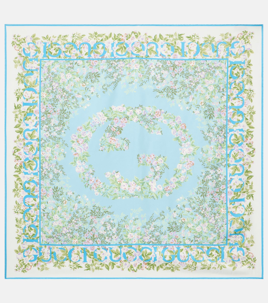 

Шелковый твиловый шарф GG с цветочным принтом Gucci, Sky Blue / Ivory