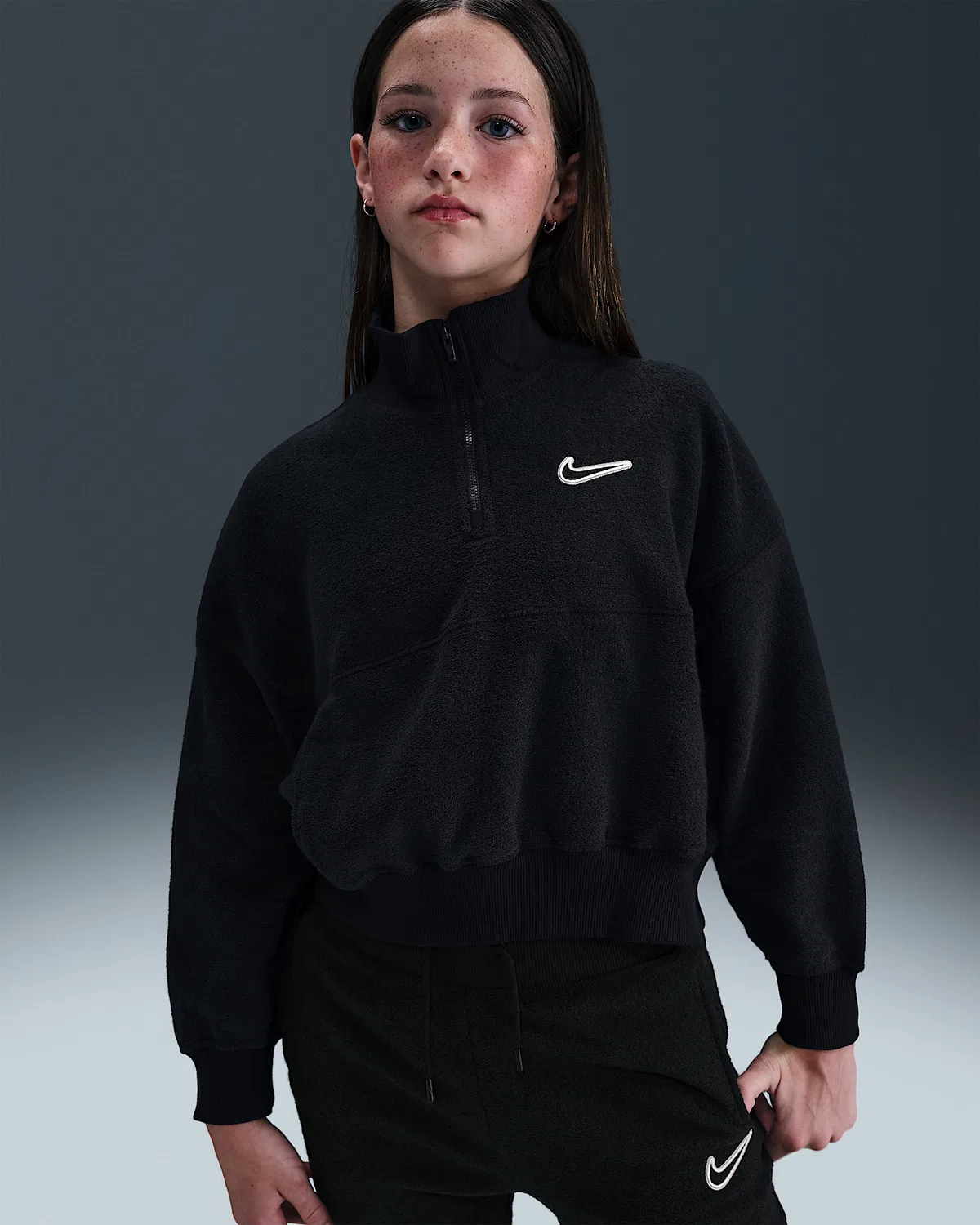 Детская (для девочек) флисовая кофта с длинным рукавом Nike Sportswear, Black/White
