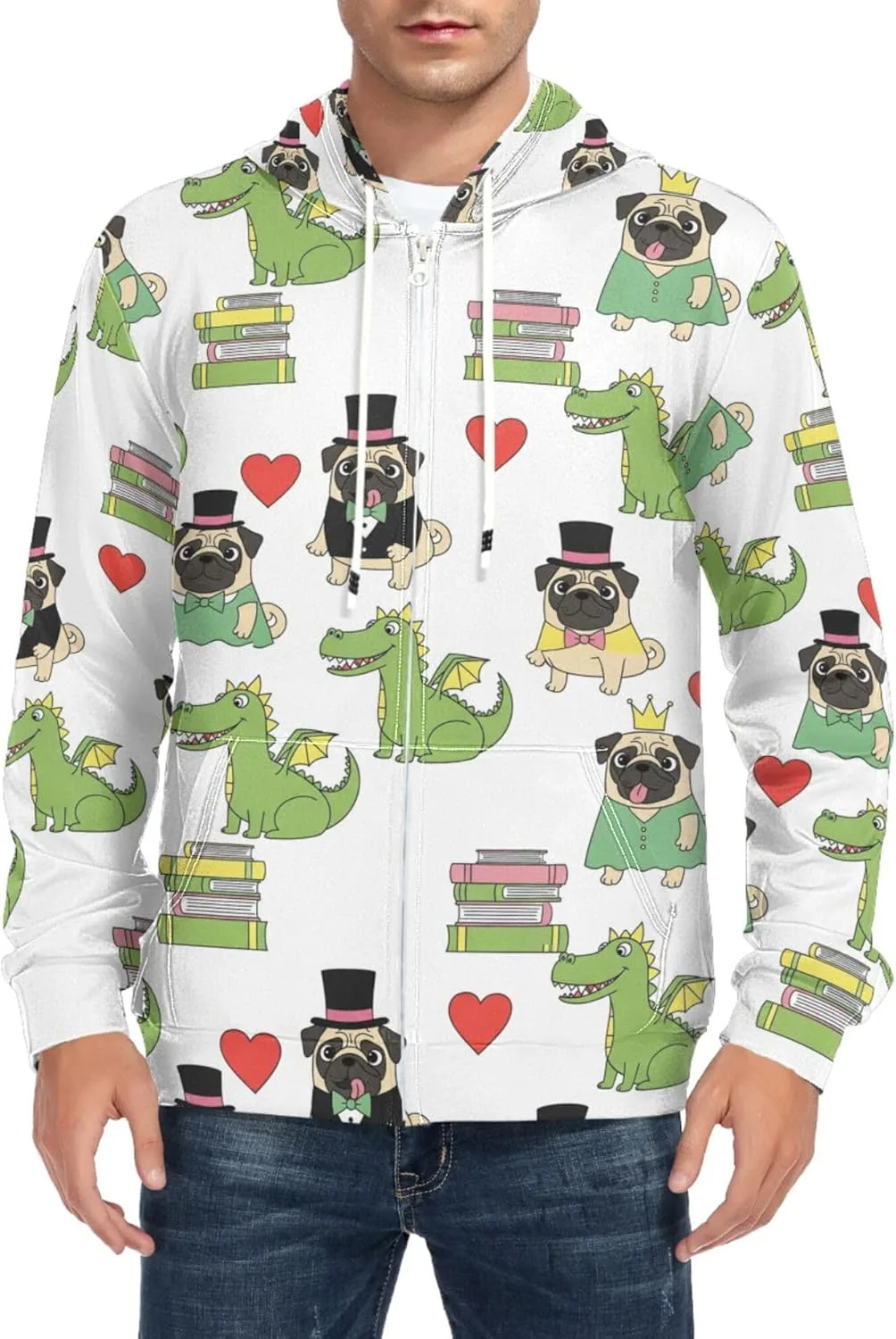 

Мужская толстовка с полной молнией Pug Dragon Books Hearts CUPADA