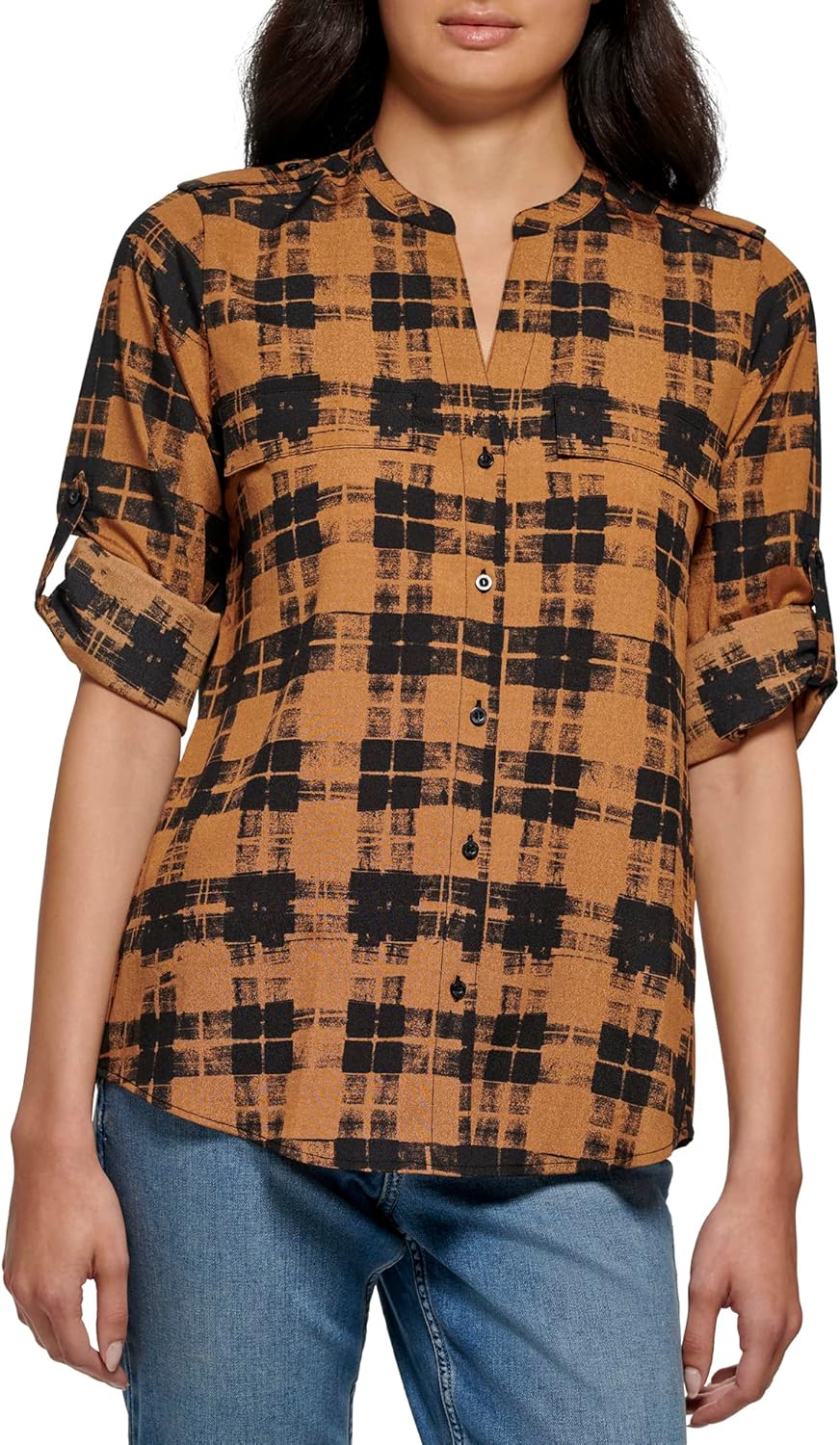 

Женская повседневная блузка CALVIN KLEIN с отворотами и принтом, Blk/Lug Multi