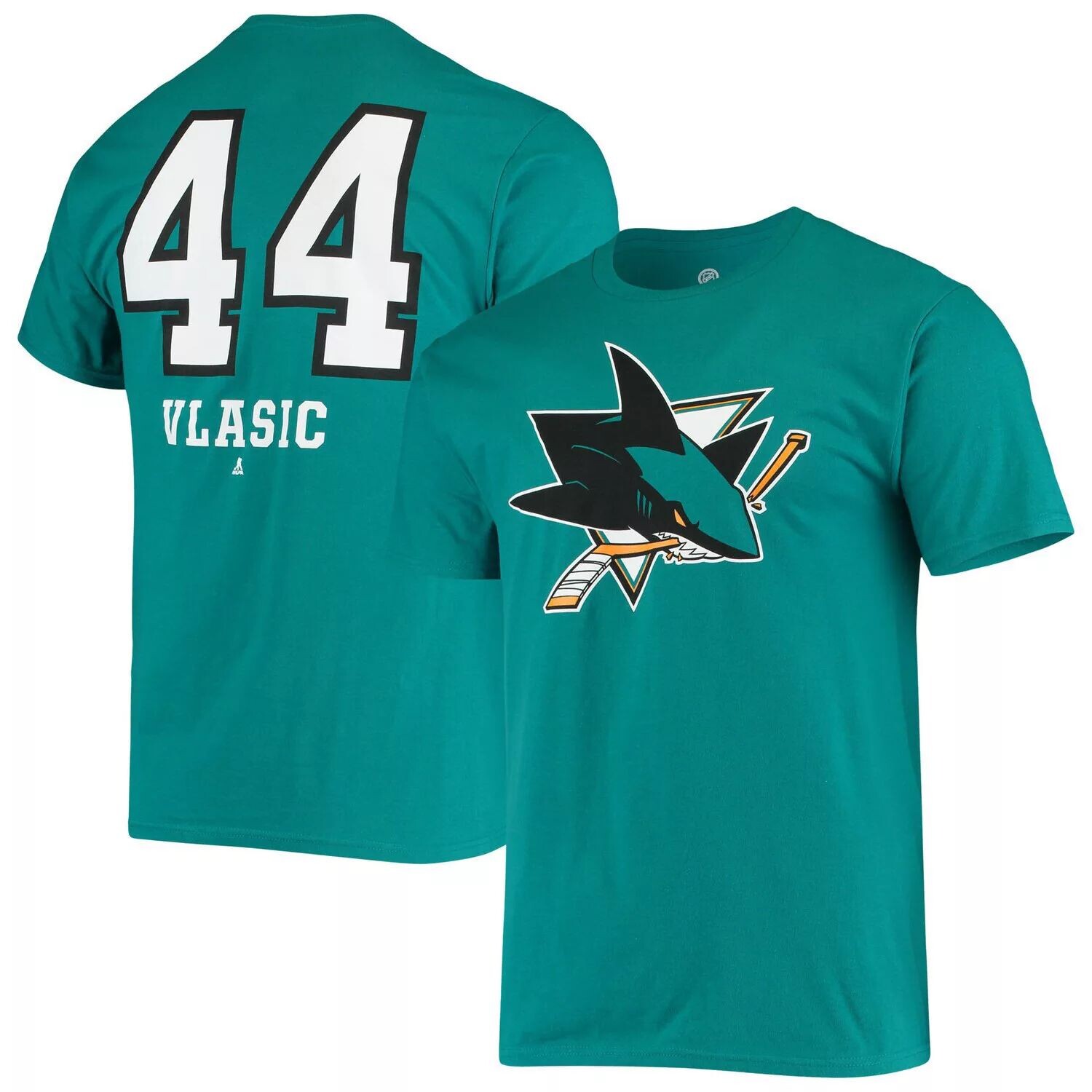 

Мужская темно-бирюзовая футболка с именем и номером игрока Marc-Edouard Vlasic San Jose Sharks Fanatics, Зеленый, Мужская темно-бирюзовая футболка с именем и номером игрока Marc-Edouard Vlasic San Jose Sharks Fanatics