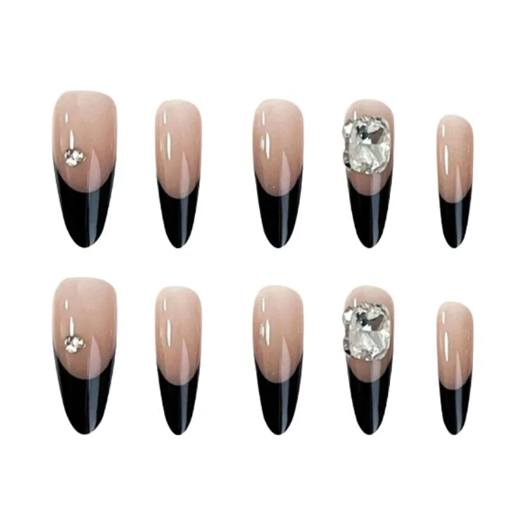 ORANOT Простой черный французский маникюр с роскошными стразами, длинные стилеты, Long XS, for Small Hands[Includes Storage Box]14-10-11-10-7 — фото 4