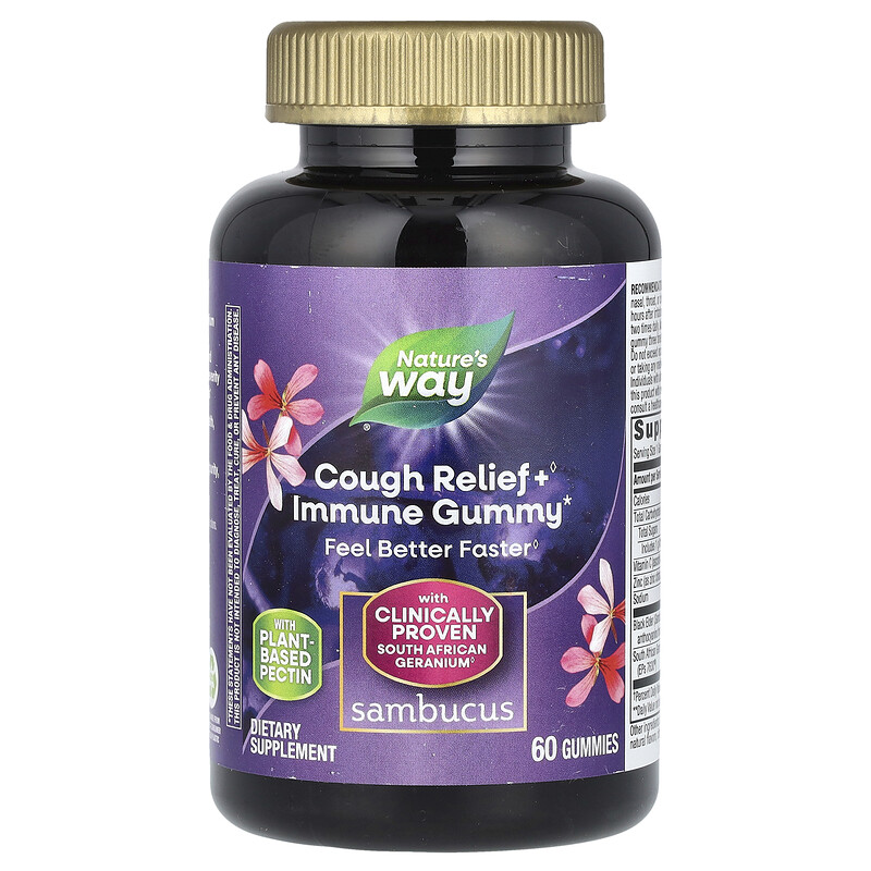 

Nature's Way, Sambucus Relief, поддержка иммунитета, бузина и южноафриканская герань, 60 жевательных таблеток