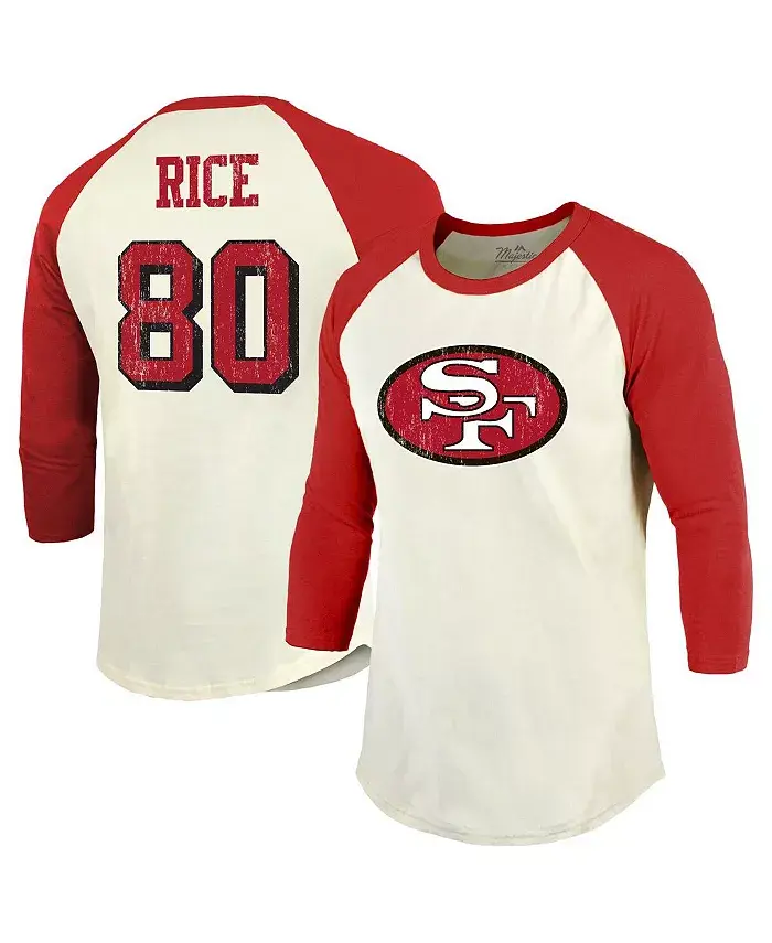 

Мужская футболка с выведенным на пенсию номером игрока Джерри Райса Крем/Скарлет из «Сан-Франциско 49ers» и рукавом реглан 3/4 Majestic