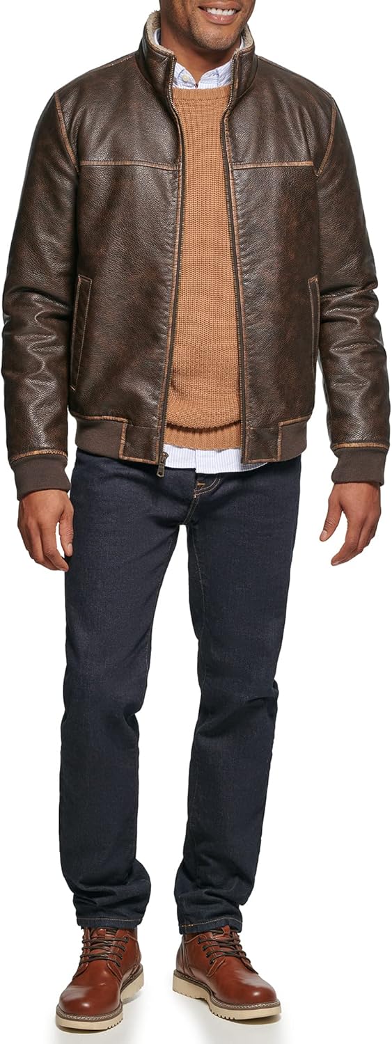 Мужская куртка-бомбер из искусственной кожи Tommy Hilfiger, Brown Sherpa Collar — фото 2