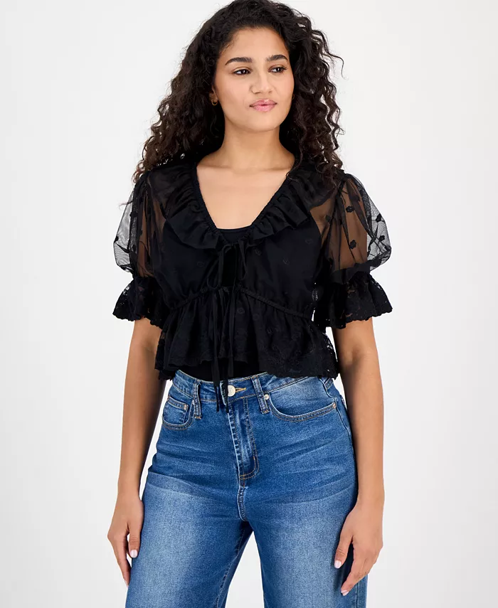 

Женский сетчатый топ с V-образным вырезом и оборками And Now This, черный