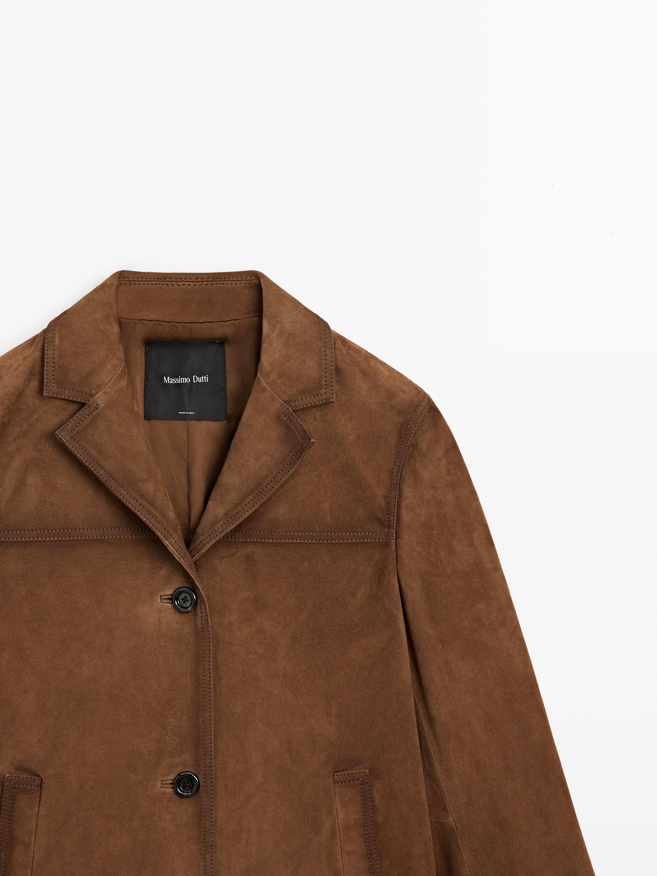 Блейзер Massimo Dutti Suede Leather With Pockets, коричневый — фото 4