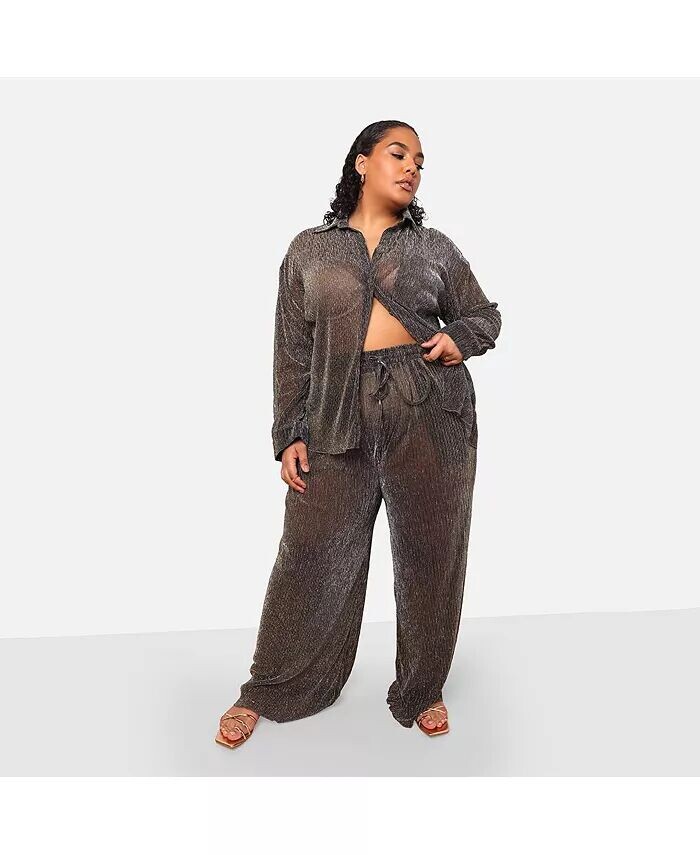 

Большие размеры Fabian Sheer Metallic Plisse Широкие брюки с карманами Rebdolls, черный