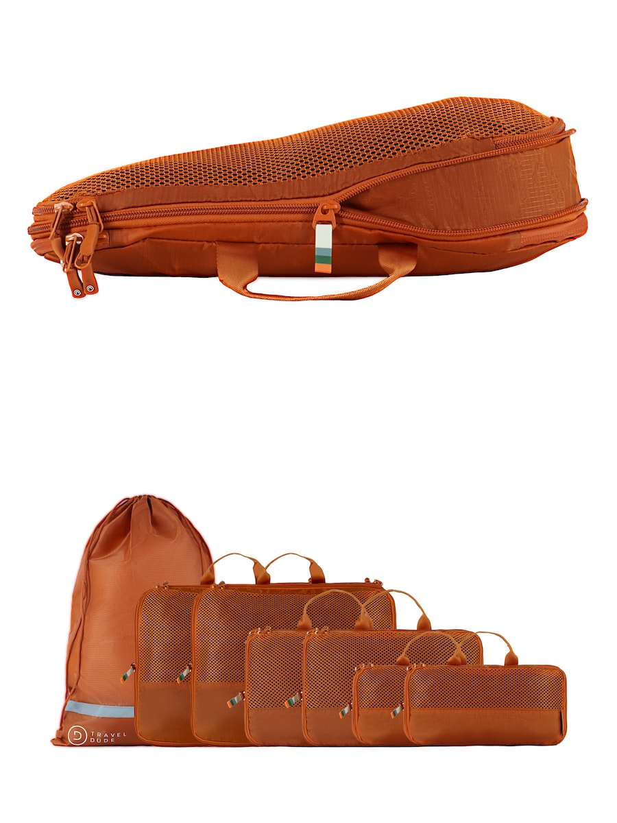 

Дорожная сумка TRAVEL DUDE Packing Cubes Set 7-tlg. mit Kompression aus recycelten Plastikflaschen | Leichte Packwürfel | Packtaschen Set für Rucksack & Koffer, темно-оранжевый