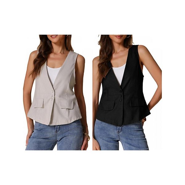 

2 упаковки женский повседневный жилет из льна без рукавов Inspire Chic, Black Beige Gray