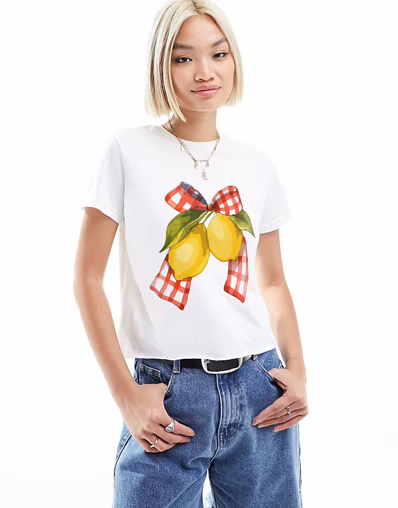 

Детская футболка ASOS DESIGN с бантом в клетку и принтом лимона белого цвета