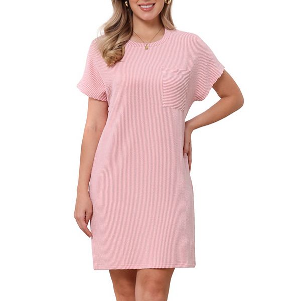 

Полосатое платье-футболка с круглым вырезом и короткими рукавами Inspire Chic, Pink