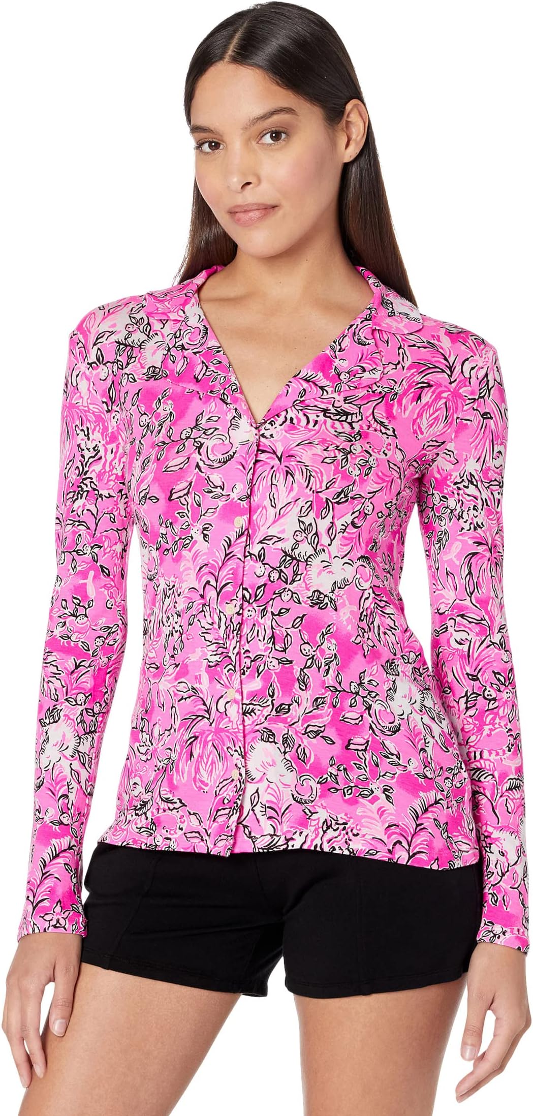 

Домашний топ Lilly Pulitzer Pj Knit Long Sleeve Button-Up Top, цвет Plumeria Pink/Purposefully Pink