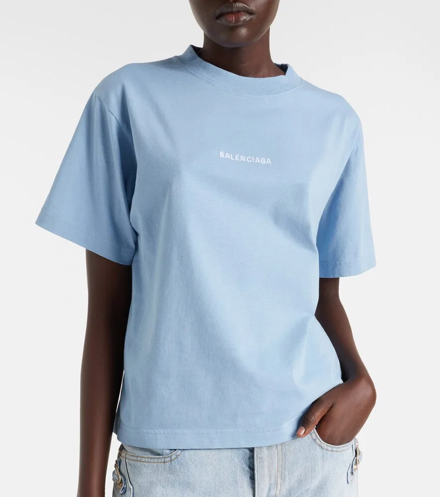 Футболка из хлопкового трикотажа с вышитым логотипом Balenciaga, синий — фото 3