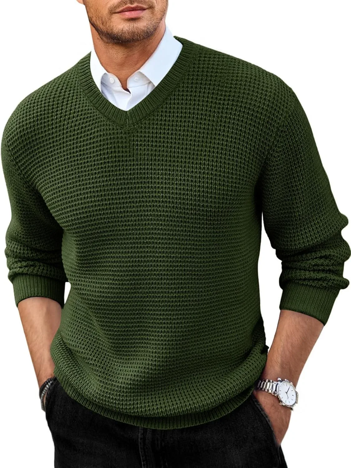 

Runcati мужской свитер с V-образным вырезом Casual Waffle Knitted Pullover Slim Fit