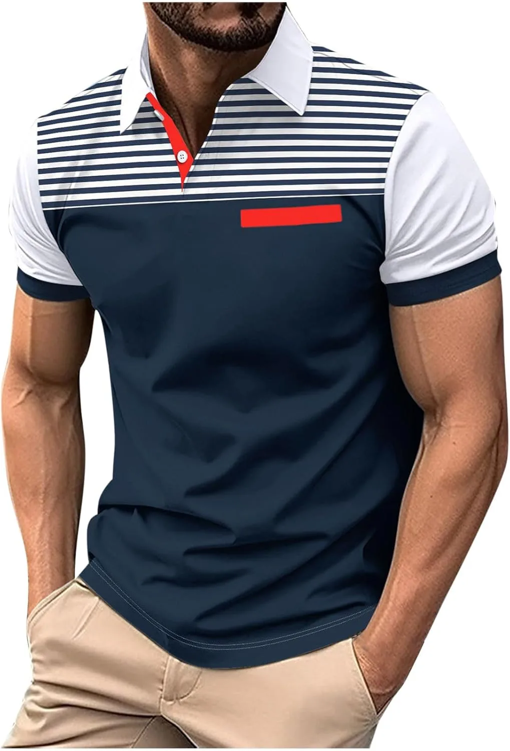 

Поло с полосками для мужчин, летняя футболка с коротким рукавом и 1/4 пуговицами