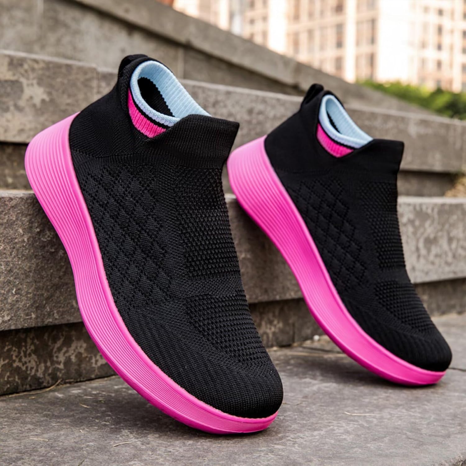 Кроссовки Ozefiad Slip-on для мужчин и женщин, сетчатые кеды без шнурков, повседневная обувь для прогулок, черный/красный — фото 3