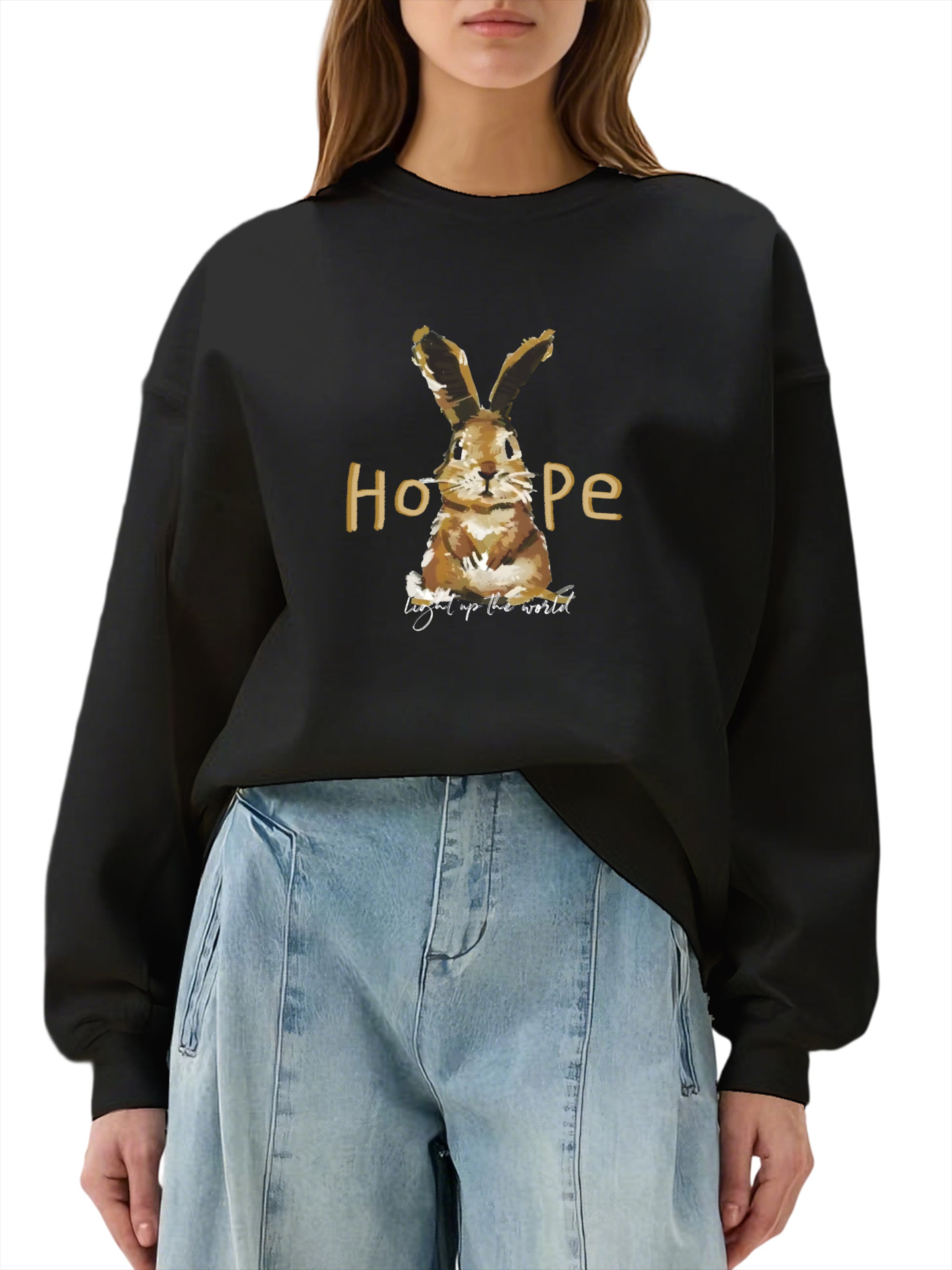 

GORHEY Свитшот женский с принтом кролика, свободный флисовый пуловер с длинным рукавом и круглым вырезом, черный