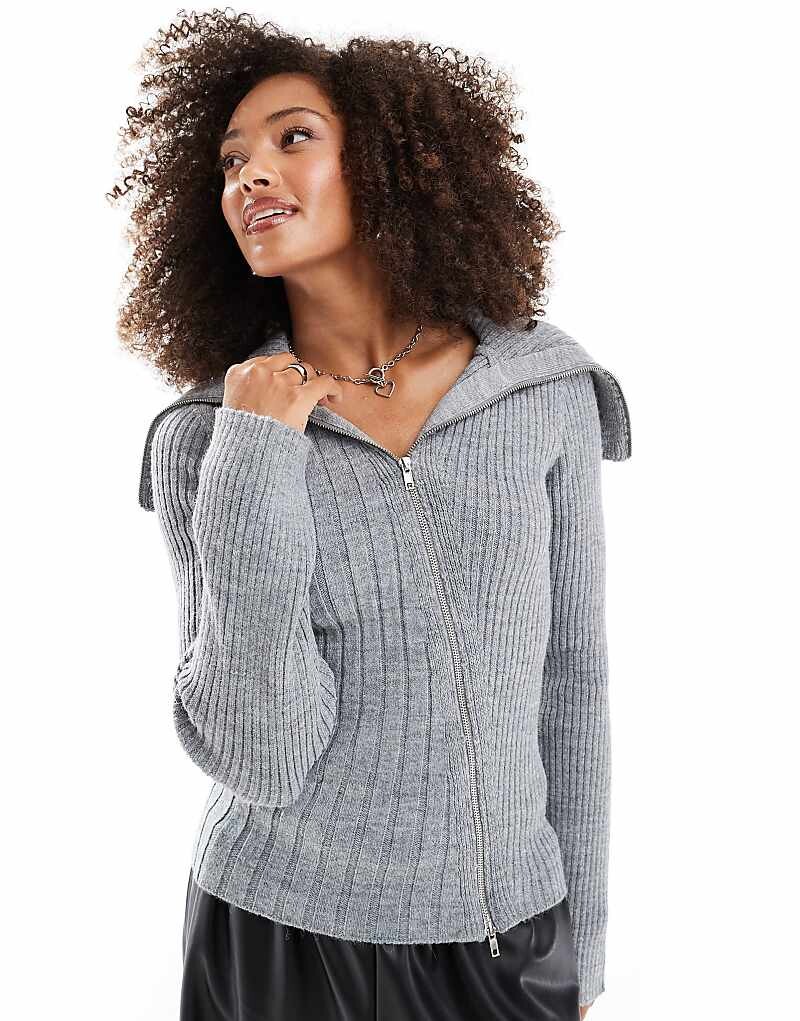 

Серый кардиган в рубчик на молнии ASOS DESIGN
