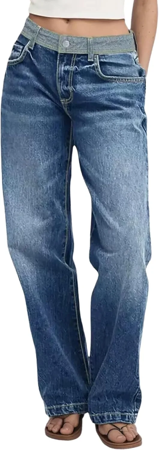 

Женские джинсы Vintage Mid Rise Straight Leg с заплатками и клапанами на карманах QLAUYIOE