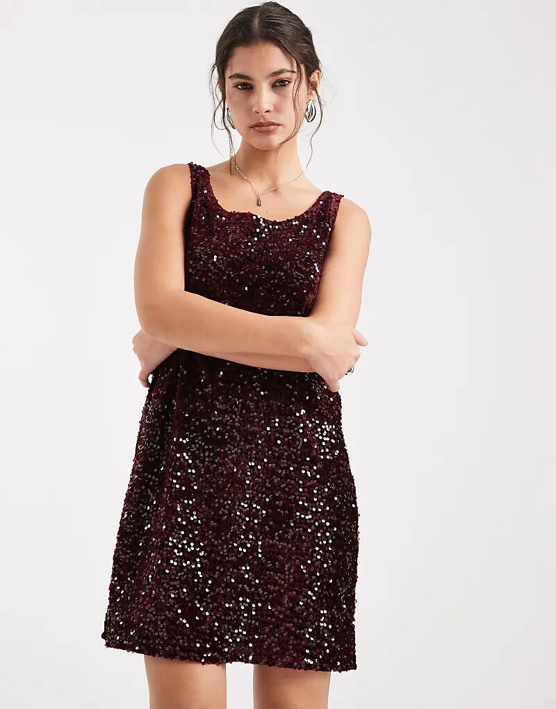 

Платье-мини с разрезом по горловине, расшитое пайетками, бордового цвета