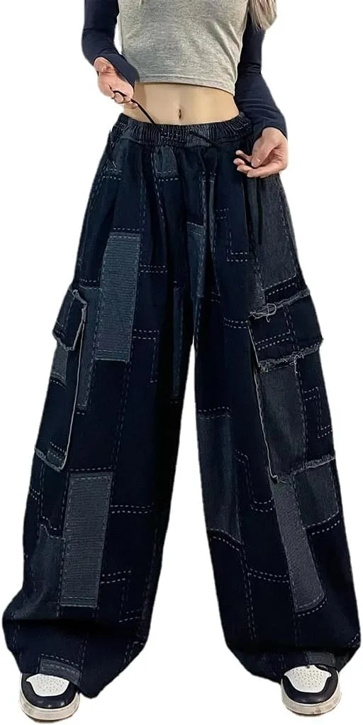 

Джинсы 2023 Wide Leg Pants Vintage Patchwork Plaid Pocket Pbkabiug