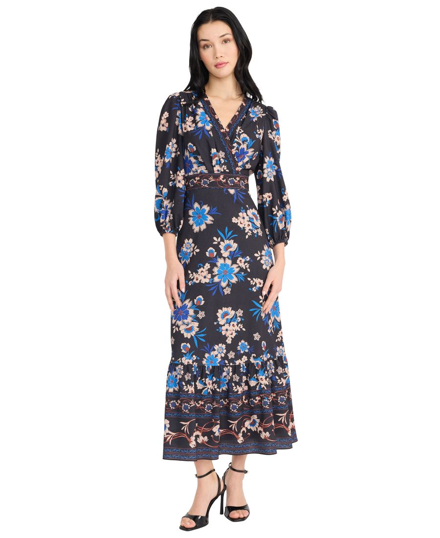 

Женское многоярусное платье миди с V-образным вырезом Donna Morgan, Black/Blue