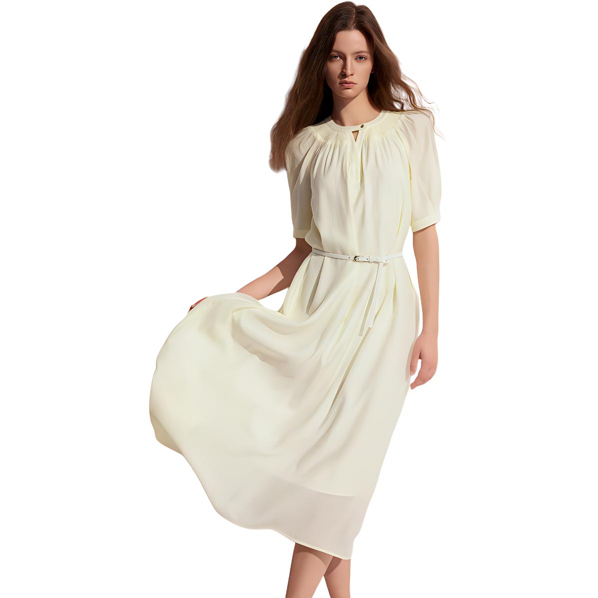 

ELLE Женское платье с коротким рукавом, тонкое, длинное, с круглым вырезом, цвета ecru