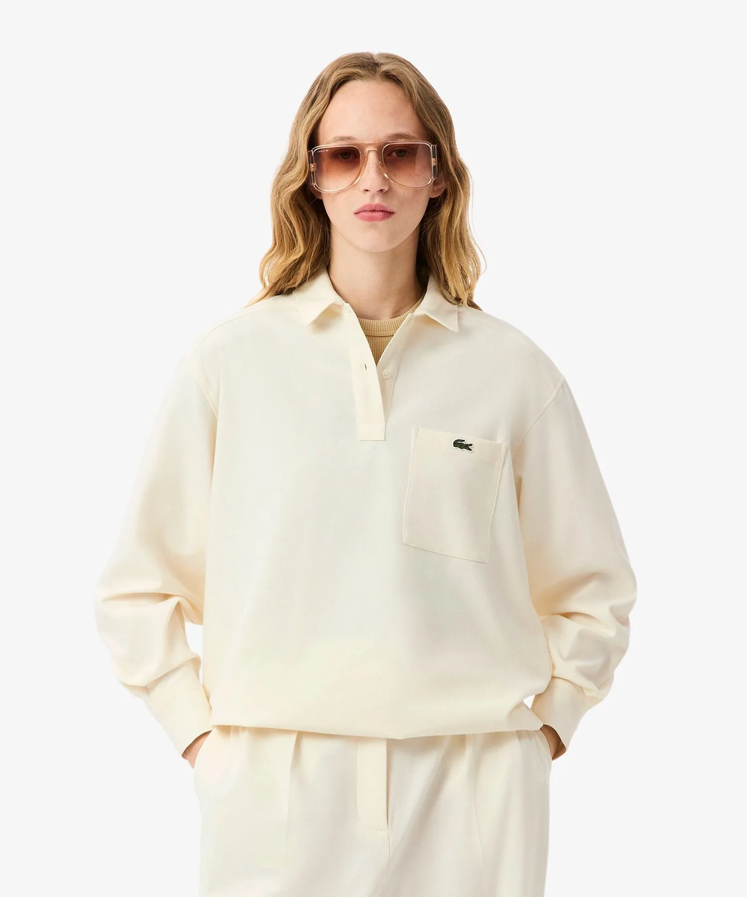 Рубашка фланелевая LACOSTE HF8424-10 оверсайз, полузастежка, бежевая