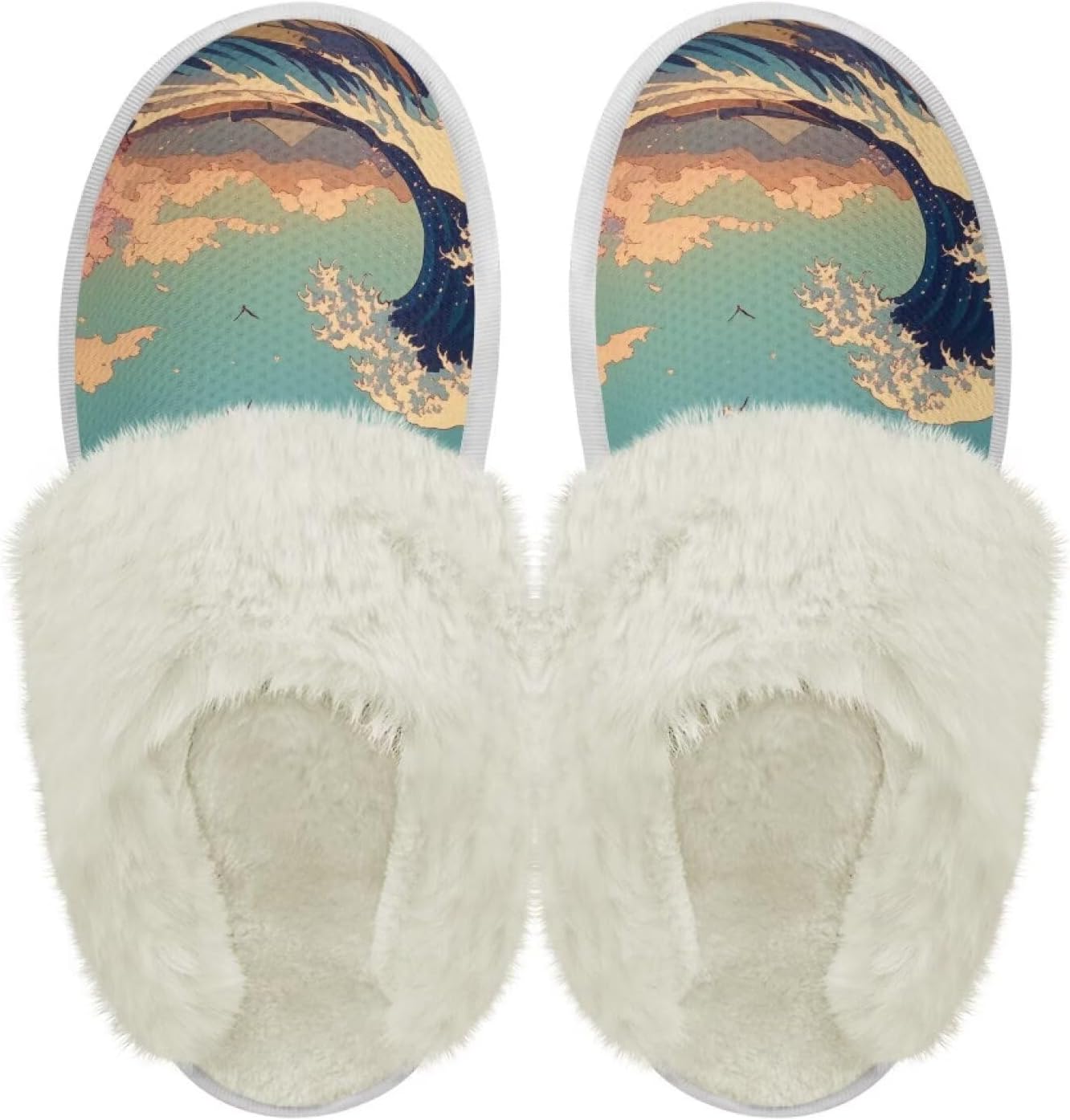 

Хлопковые тапочки с пушистыми краями, домашние тапочки для дома и улицы, хлопковые тапочки унисекс Pjheqoxe, The Great Wave Off Kanagawa